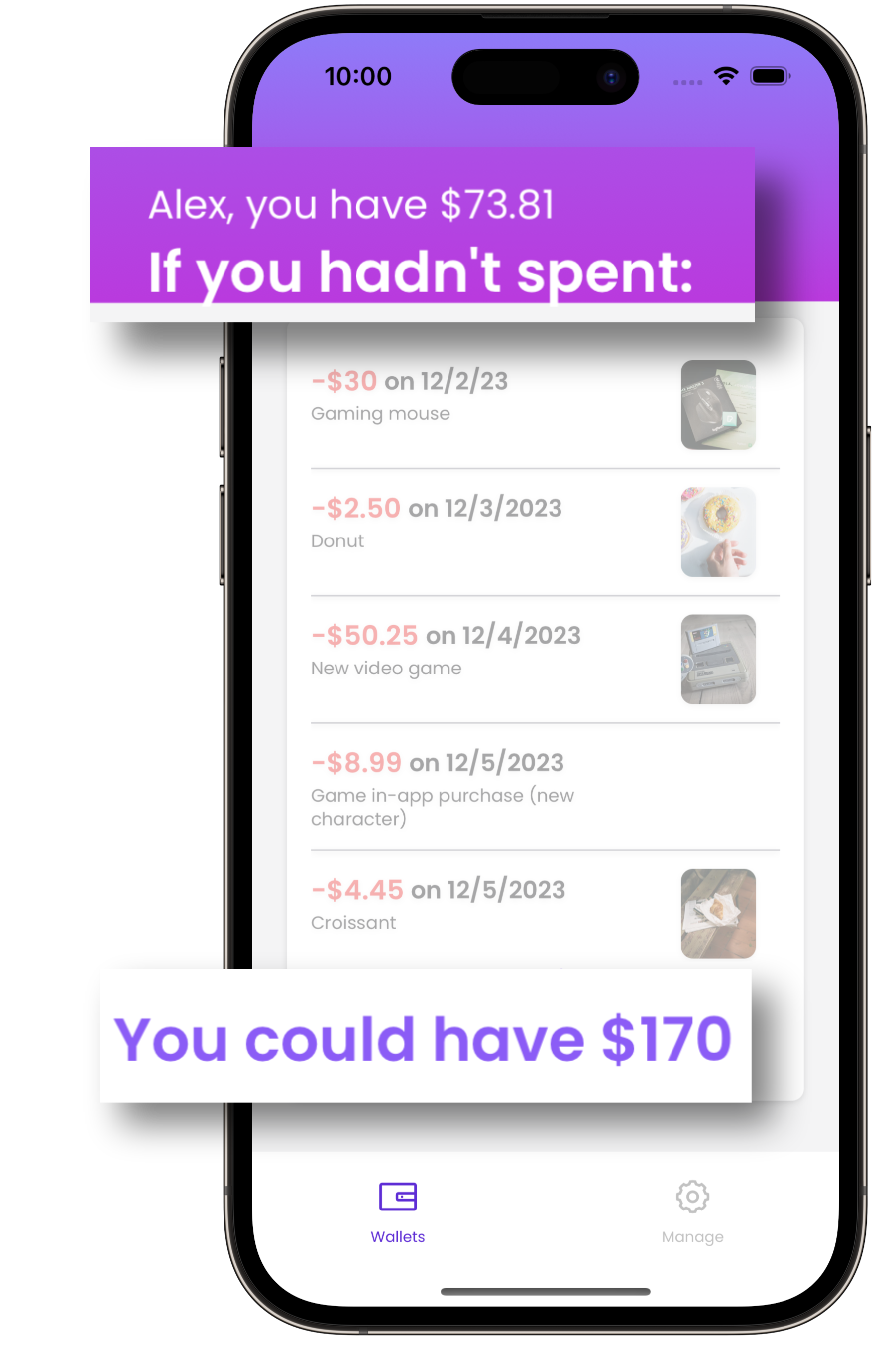 Screenshot of Unsquander app showing 'alternate reality' page of app, where user can see how much money they would have had they not made certain purchases.