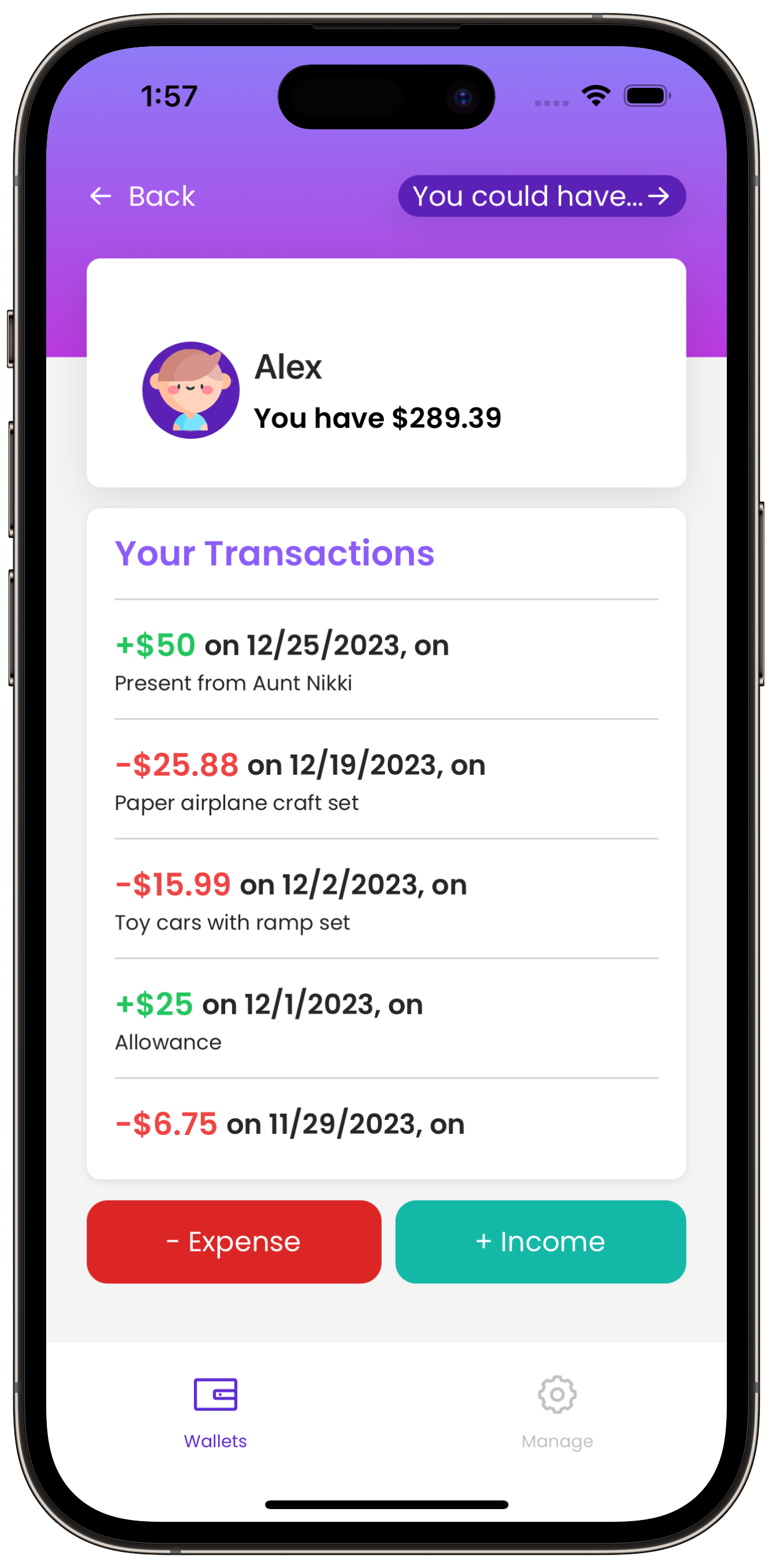 Unsquander app screenshot - list of income and expense transactions